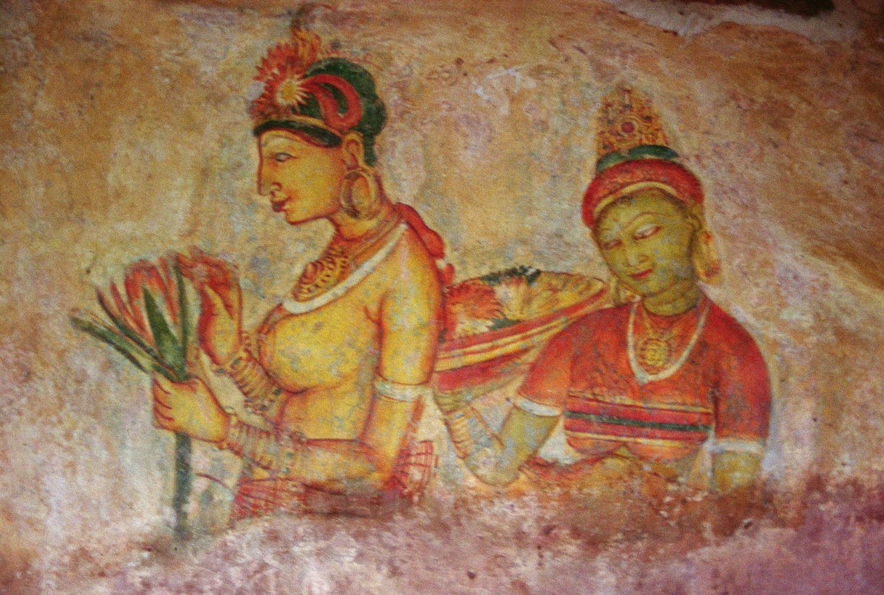 As donzelas da nuvem, da fortaleza do Rock (detalhe) de Sri Lankan School