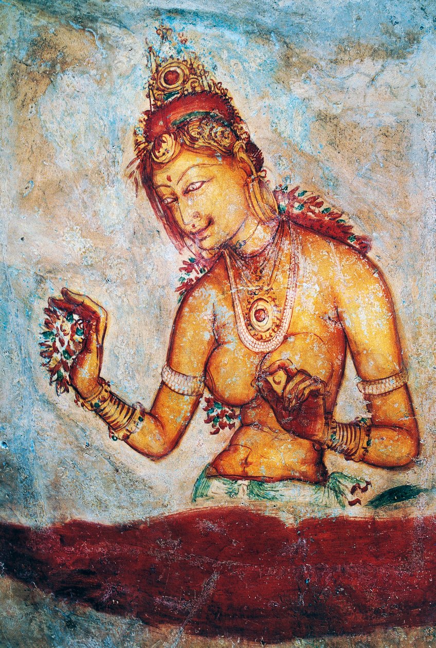 As donzelas de Sigiriya, fresco, sítio arqueológico de Sigiriya (Lista do Património Mundial da Unesco de Sri Lankan School