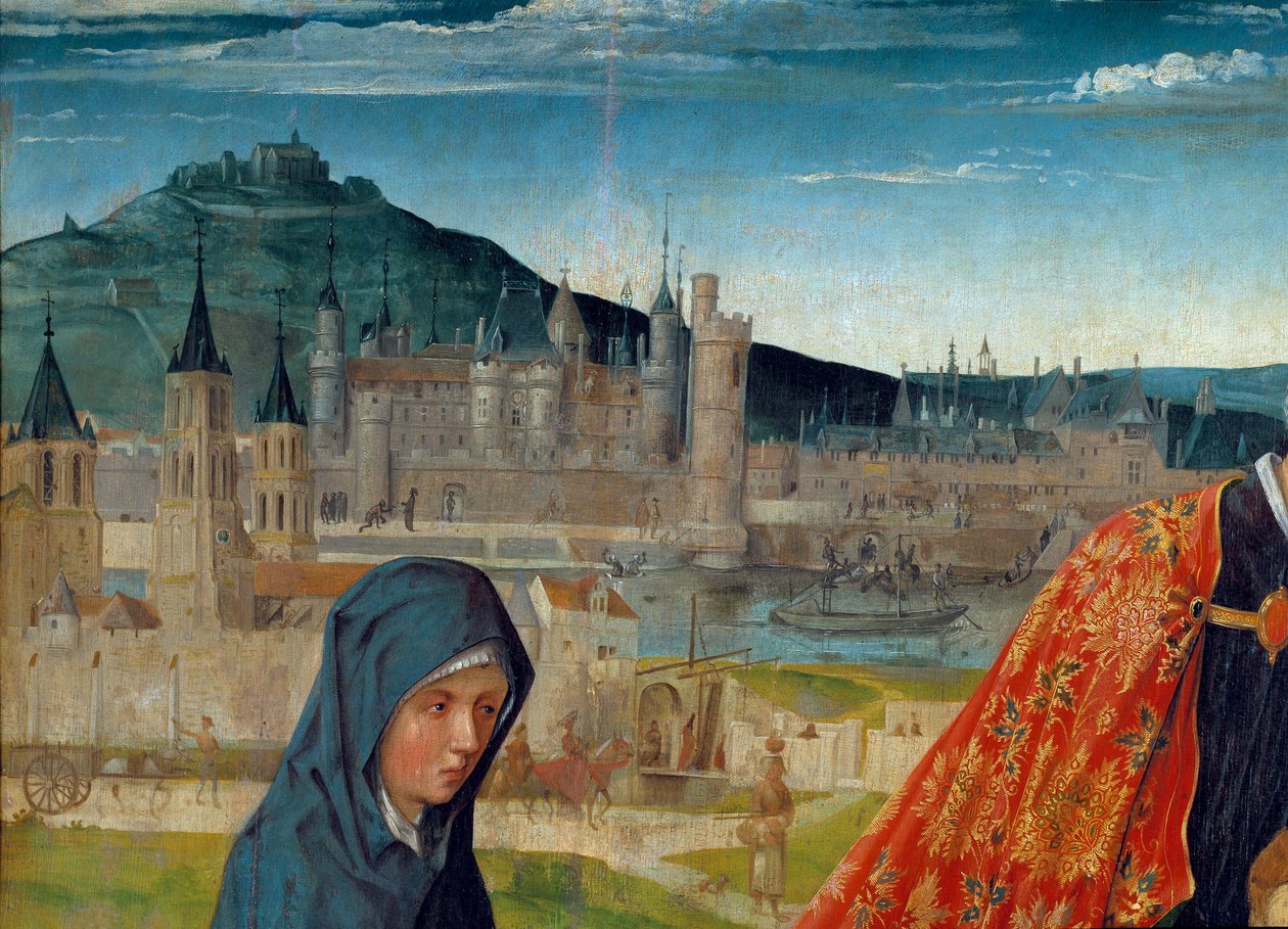 A pieta de Saint Germain des Pres (Saint-Germain-des-Pres). Detalhe da representação do Louvre sob Charles V. Pintura do Mestre de Saint Germain des Pres (activo por volta de 1500). Dim. 0,97x1,98 m. de St Germain des Pres master