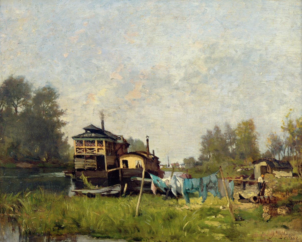 Laundresses barco no rio Sena de Stanislas Victor Edouard Lepine