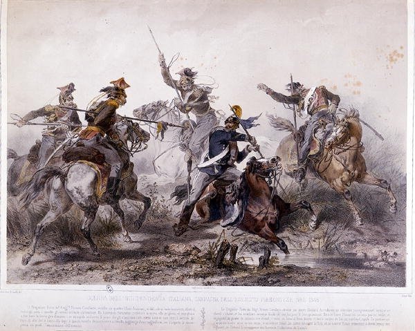 Incidente heróico durante a campanha piemontesa da guerra da Independência italiana em 1848 (cor litho) de Stanislas Grimaldi del Poggetto