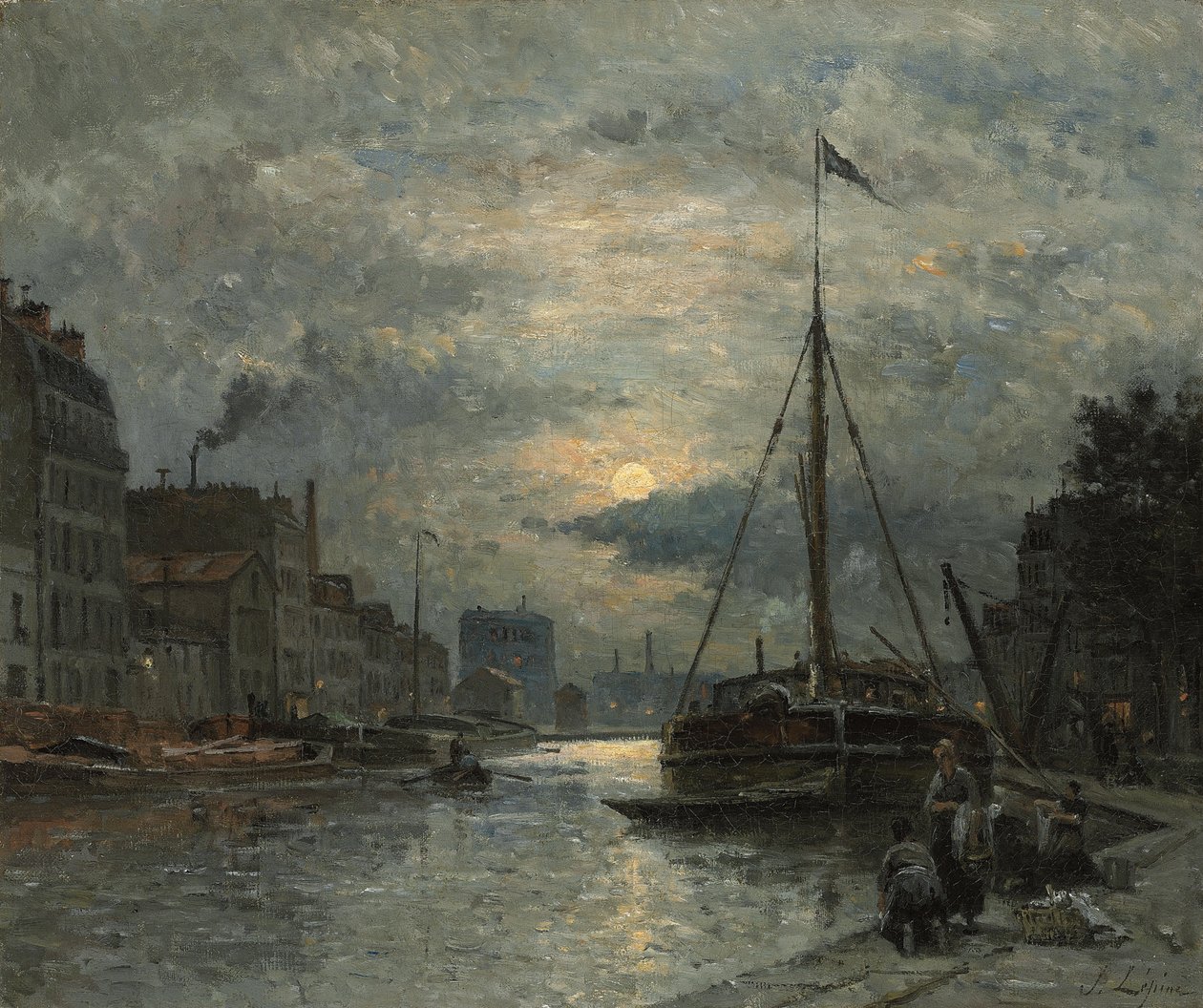 O Canal Saint-Martin, ao luar; O Canal Saint-Martin au Clair de Lune, de Stanislas Victor Edouard Lepine