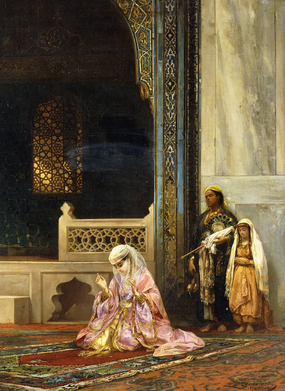 Uma senhora turca rezando na mesquita verde, Bursa, 1878 de Stanislaus von Chlebowski
