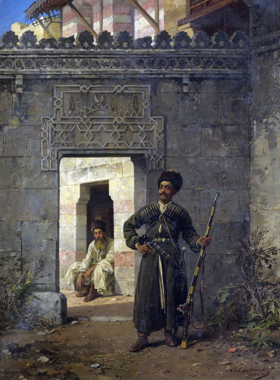"Les gardes tcherkesses" (Os guardas circassianos) Peinture de Stanislav Khlebovsky (Khlebovski) (1835-1884) - 1880 - Óleo sobre tela Dim 55,5x41,2 cm Colecção privada de Stanislaus von Chlebowski