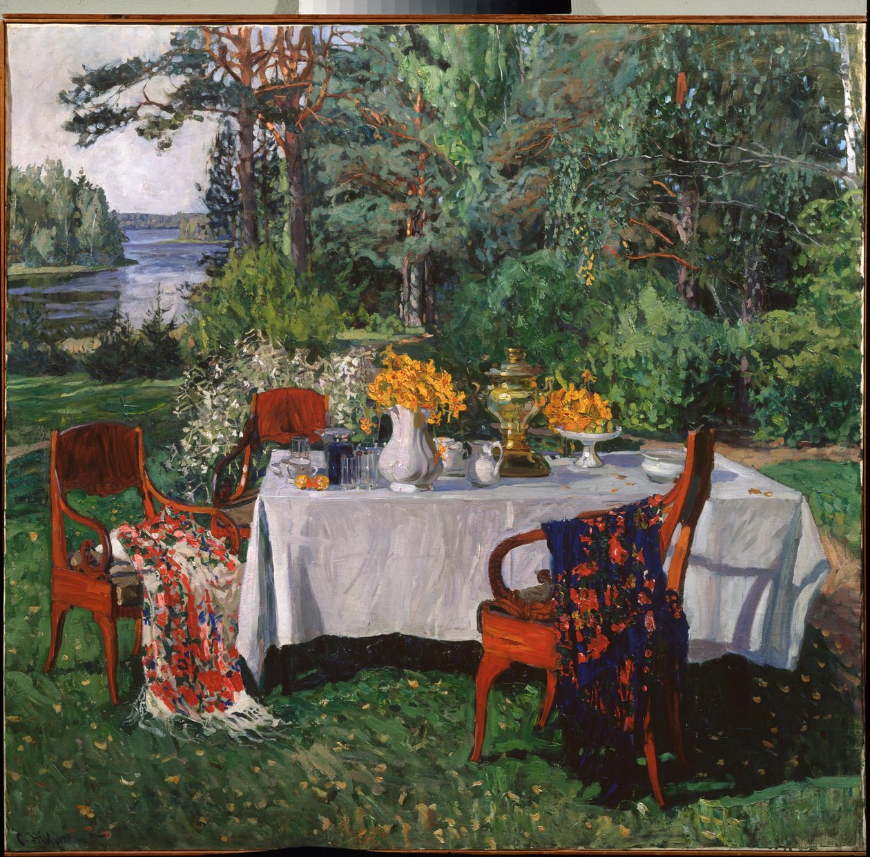 Em frente ao terraço. Pintura de Stanislav Yulianovich Zhukovsky (Zhukovsky) (1873-1944), óleo sobre tela de Stanislav Joulianovitch Joukovski