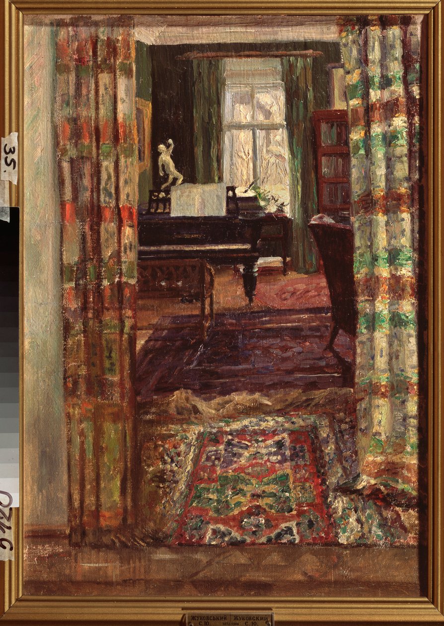 Interior com um piano de cauda. Pintura de Stanislav Yulianovich Zhukovsky (Zhukovsky) (1873-1944), óleo sobre tela de Stanislav Joulianovitch Joukovski