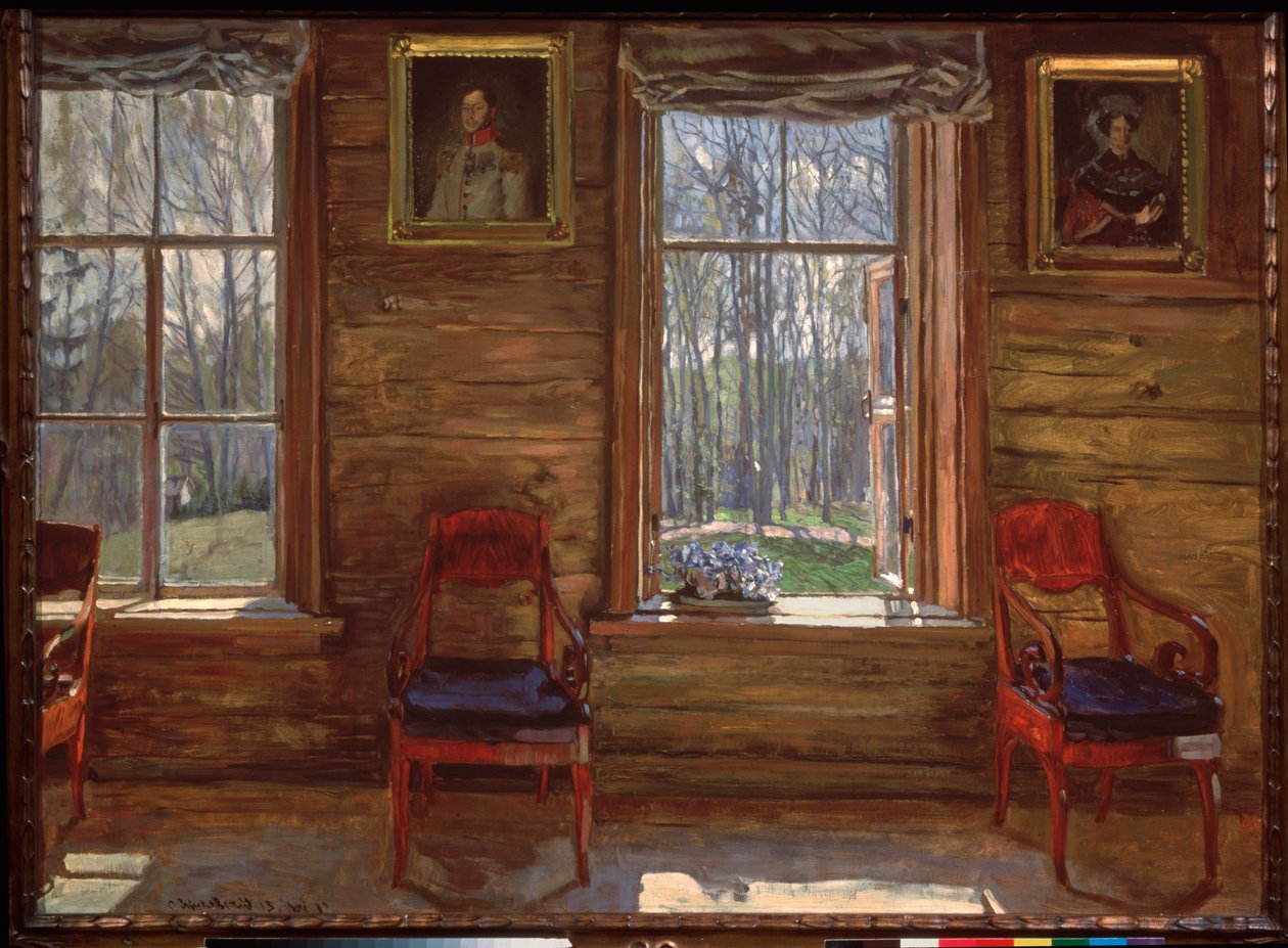 Feliz Maio. (Vista de uma madeira ensolarada, através das janelas de uma casa de campo, decorada com retratos pintados e cortinas). Pintura de Stanislav Yulianovich Zhukovsky (1873-1944), óleo sobre tela de Stanislav Joulianovitch Joukovski