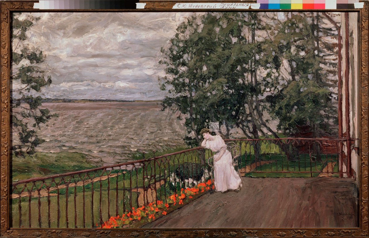 Pensamentos sombrios (Uma mulher solitária encostada a uma vedação de terraço em frente a um campo arado). Pintura de Stanislav Yulianovich Zhukovsky (1873-1944), óleo sobre tela de Stanislav Joulianovitch Joukovski
