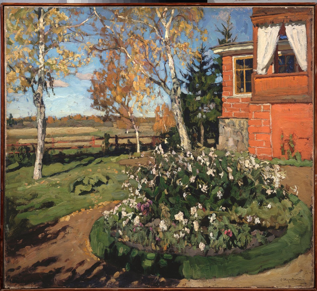 Um apartamento florido (em frente de uma casa e de uma paisagem campestre). Pintura de Stanislav Yulianovich Zhukovsky (Zhukovsky) (1873-1944), óleo sobre tela de Stanislav Joulianovitch Joukovski