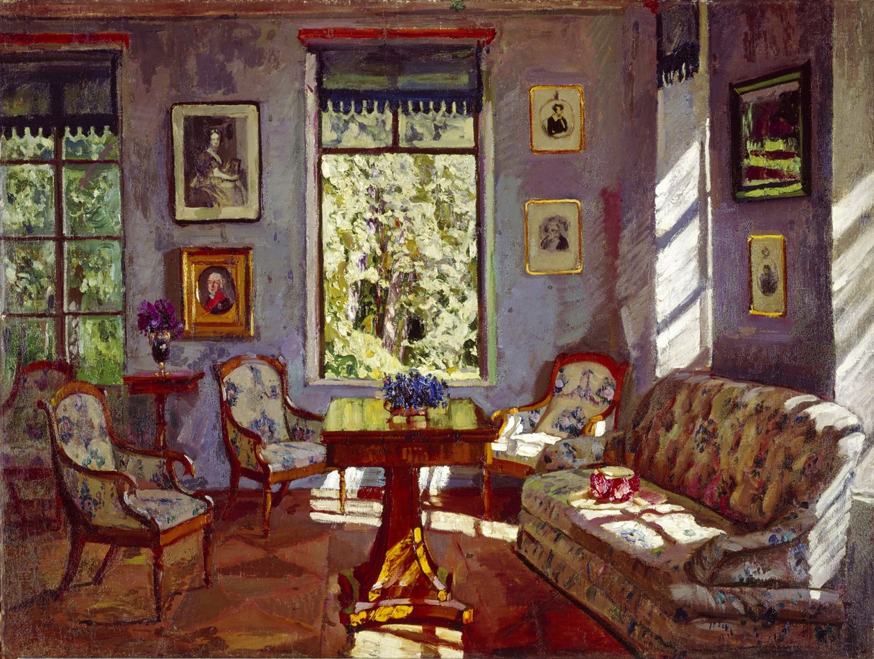 A sala de estar na mansão Rozhdestveno, 1916 de Stanislav Julianovic Zukovskij