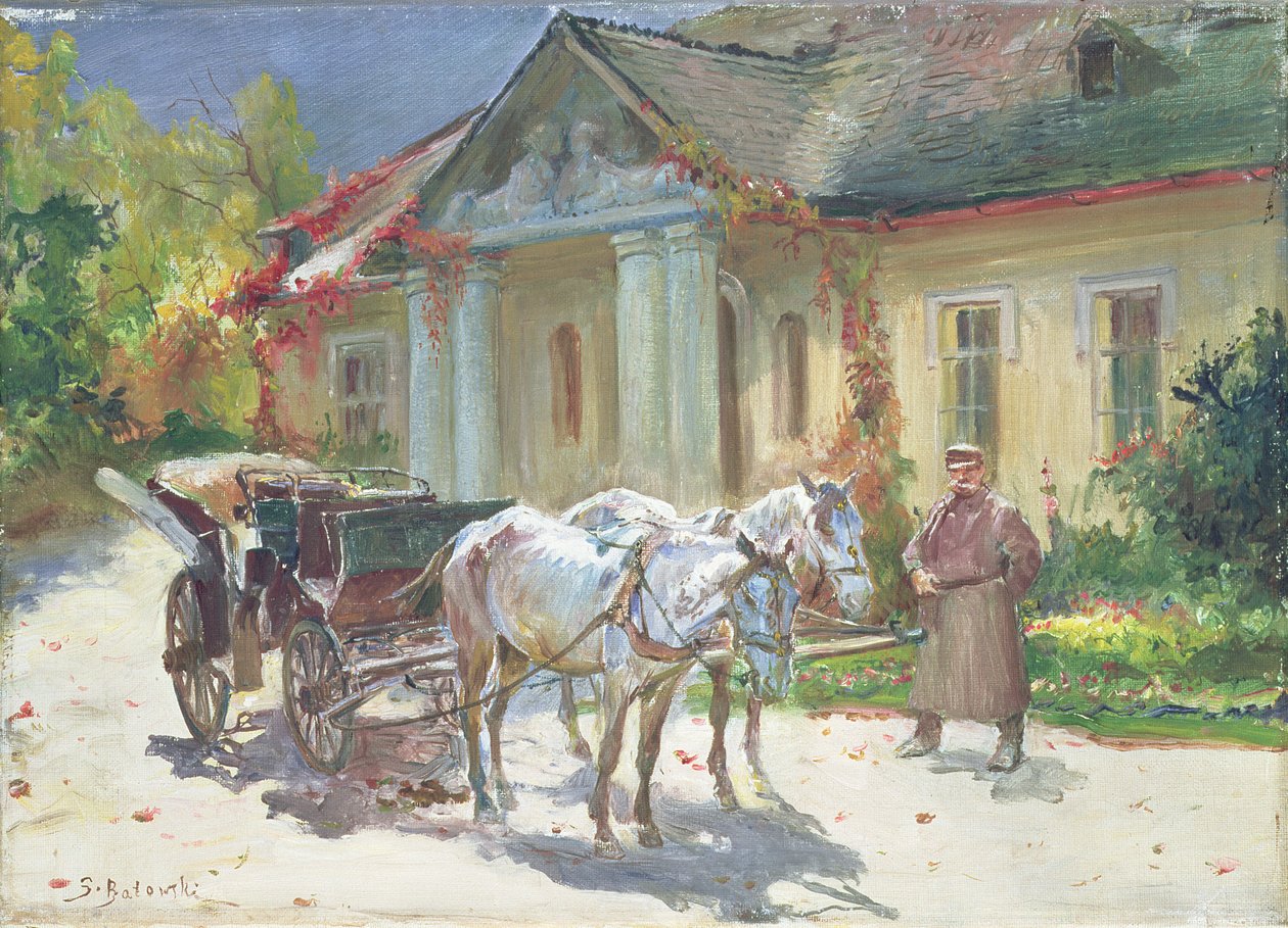 Em frente a uma mansão polonesa, c.1930 (óleo sobre tela) de Stanislaw Kaczor Batowski