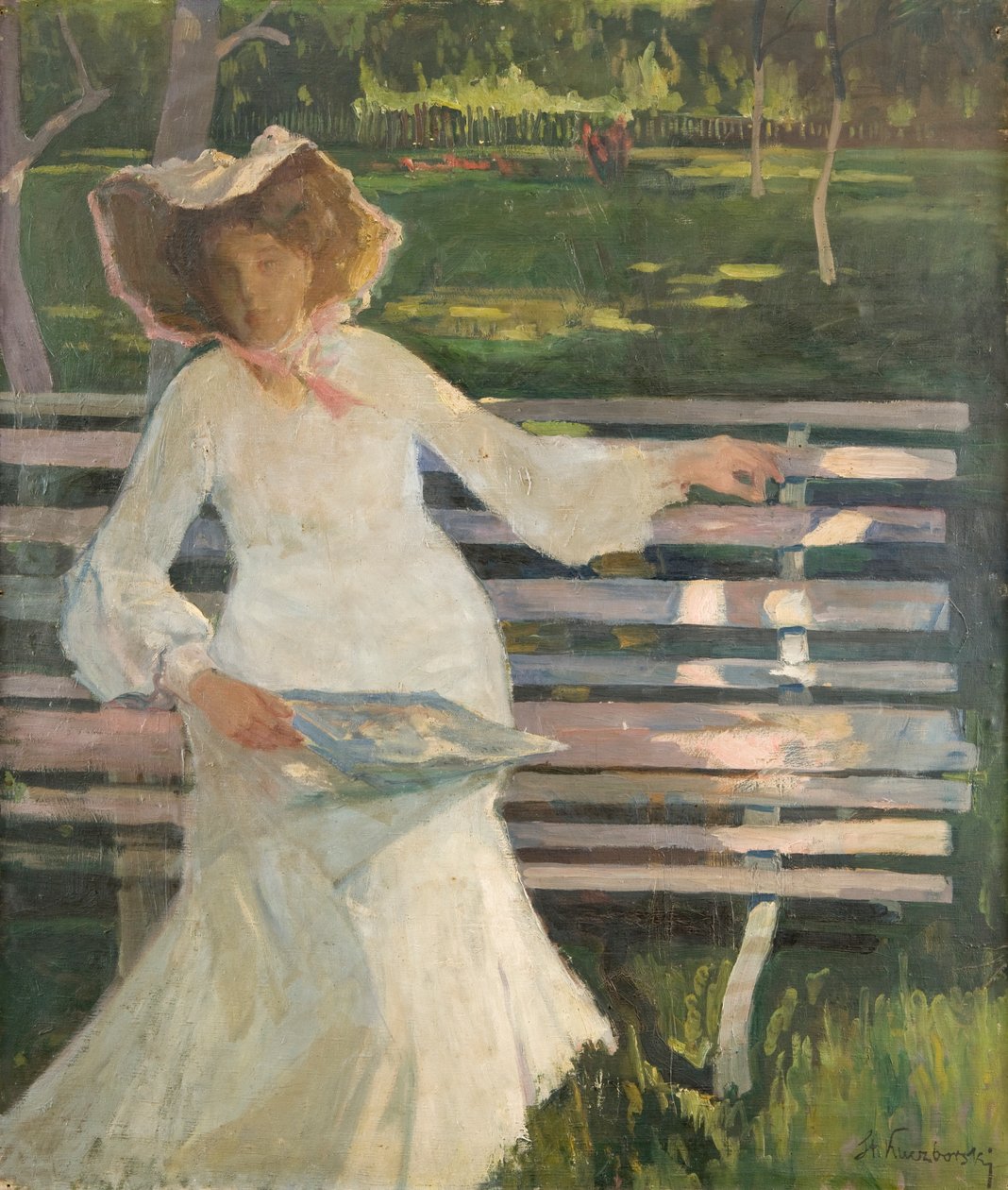 Numa Bancada, c.1905 (óleo sobre tela) de Stanislaw Kuczborski