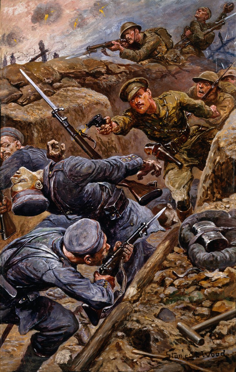 Capitão Reginald James Young vencendo a Cruz Militar na Batalha do Somme, 1916 de Stanley L. Wood