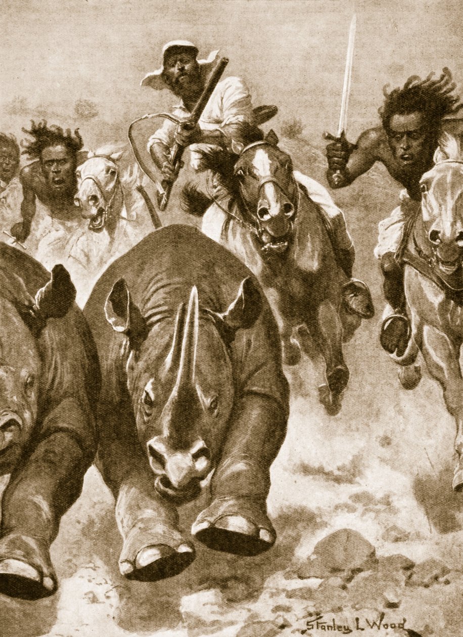 Sir Samuel Baker em plena busca do rinoceronte na África de Stanley L. Wood