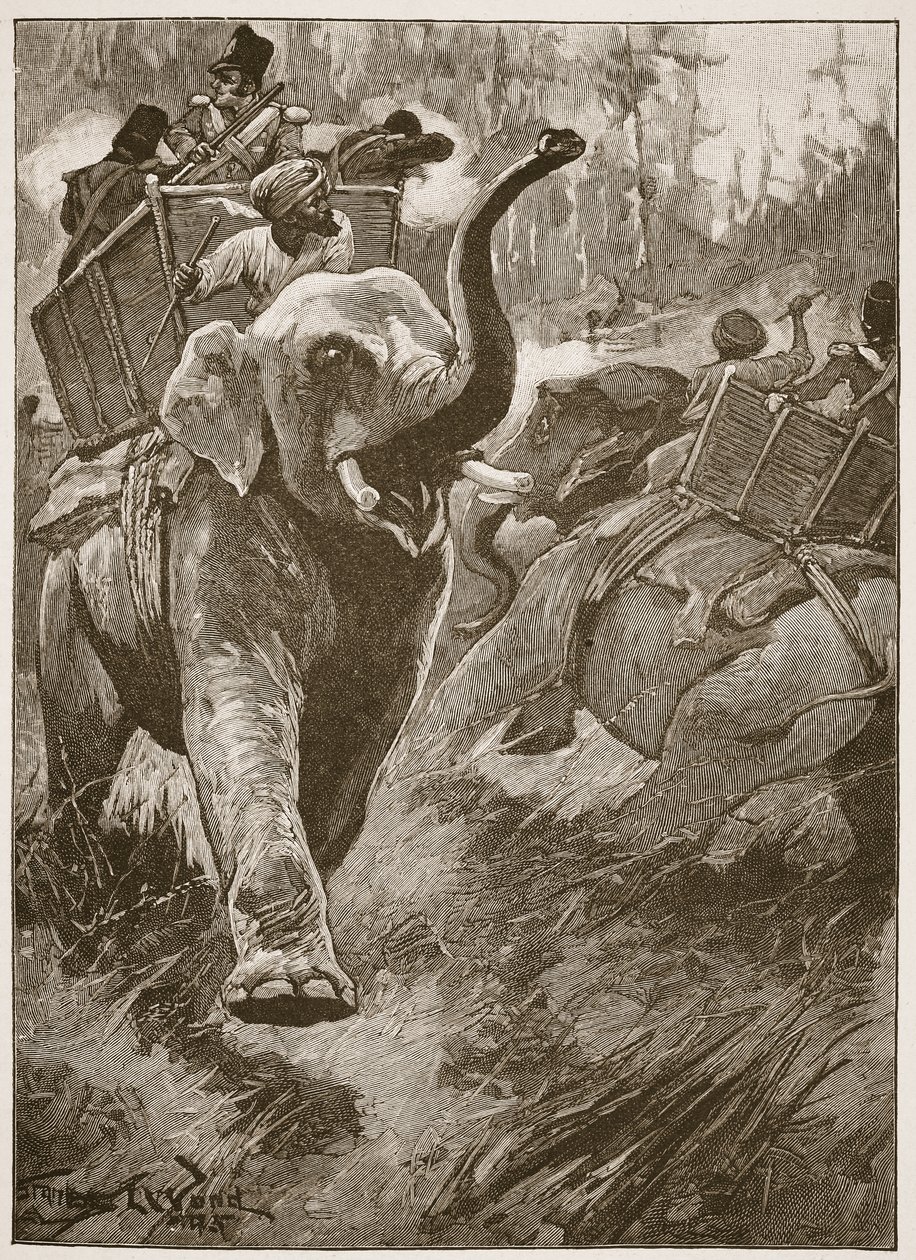 Os elefantes assustados voltaram correndo pela floresta, ilustração de "Batalhas do século XIX", de Archibald Forbes, GA Henty e Major Arthur Griffiths. de Stanley L. Wood