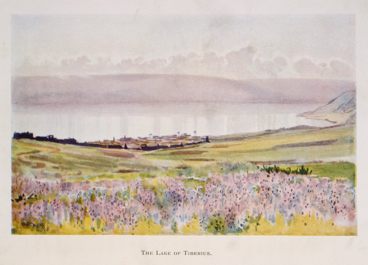 Aquarela de Stanley Inchbold, retratando o Mar da Galileia, na Palestina, 1906 de Stanley Inchbold