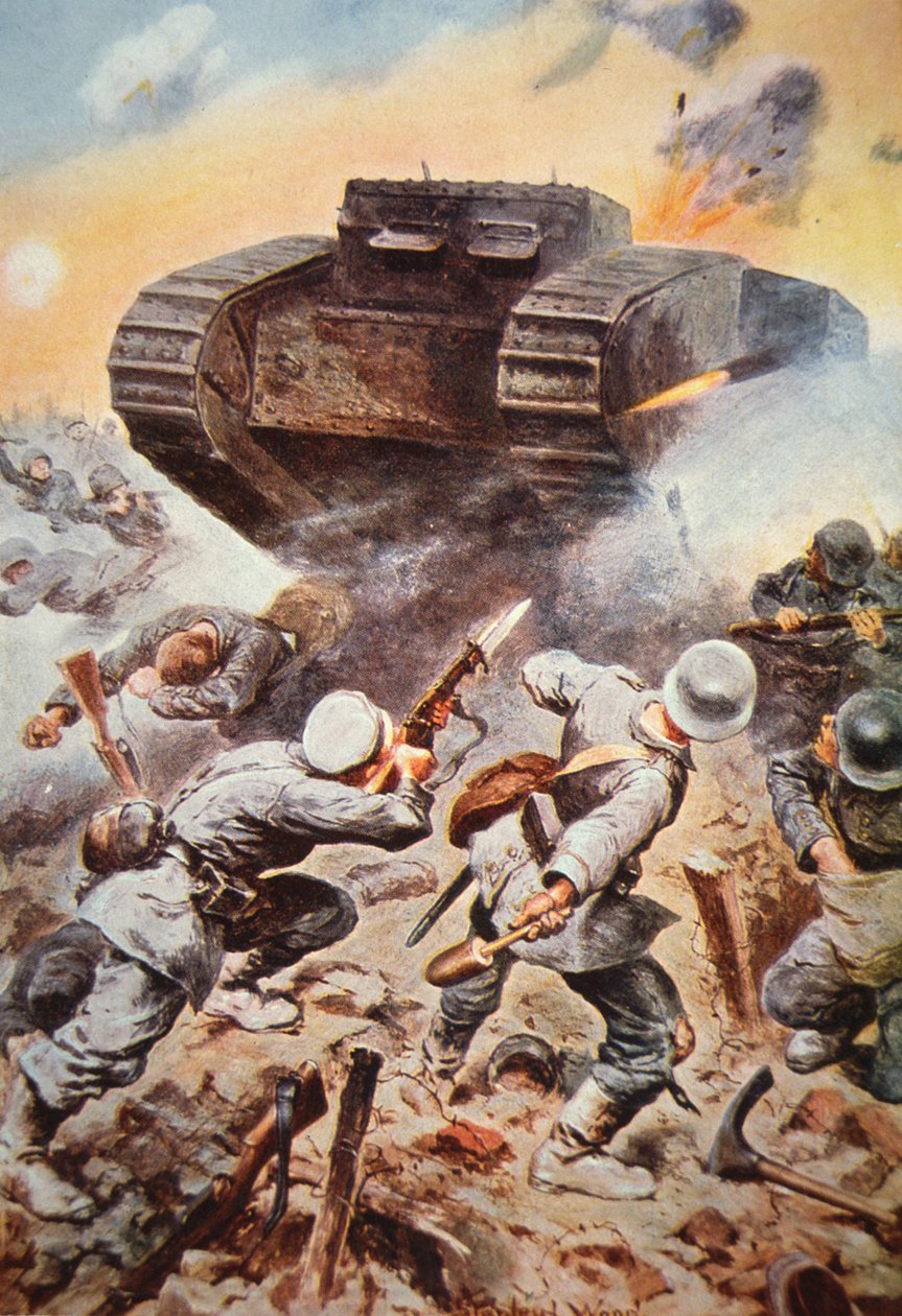 Tanque britânico em ação contra alemães na Frente Ocidental na Primeira Guerra Mundial de Stanley L. (after) Wood