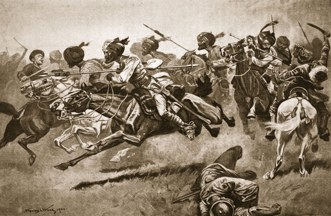 Na expedição a Pao-ting-fu: Uma carga dos Lanceiros de Bengala, ilustração de "Batalhas do Século XIX": Vol. VII, A Guerra Chinesa de 1900-1901