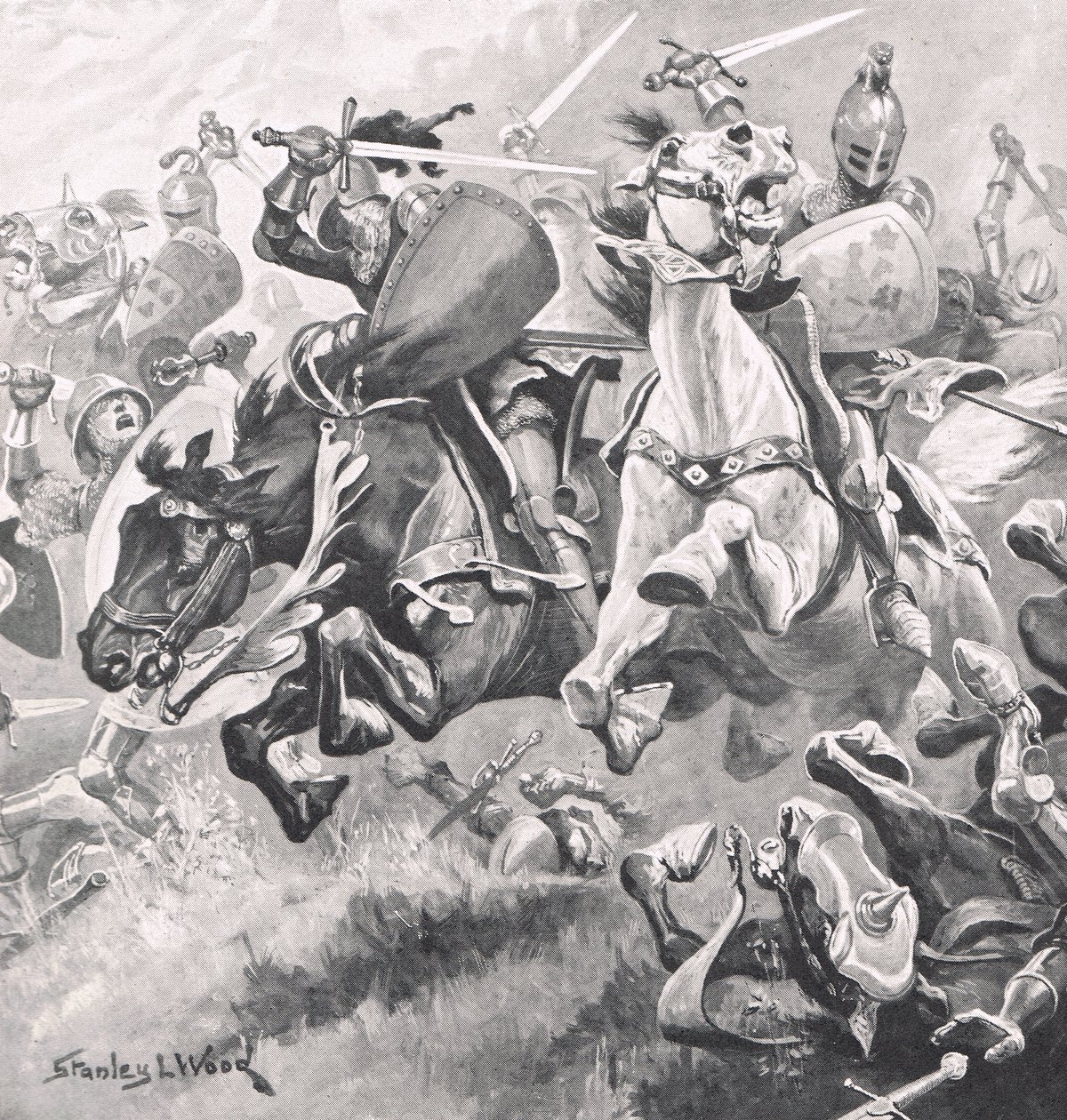 Batalha de Shrewsbury, 21 de julho de 1403, ilustração de "Batalhas Britânicas na Terra e no Mar", publicada por Cassell, Londres, c.1910 de Stanley L. Wood