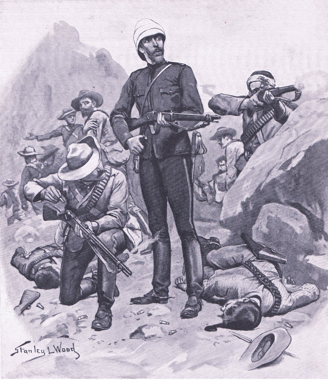 Coronel Buller na montanha de Inhlobane, março de 1879, ilustração das batalhas britânicas na terra e no mar, 1915 de Stanley L. Wood