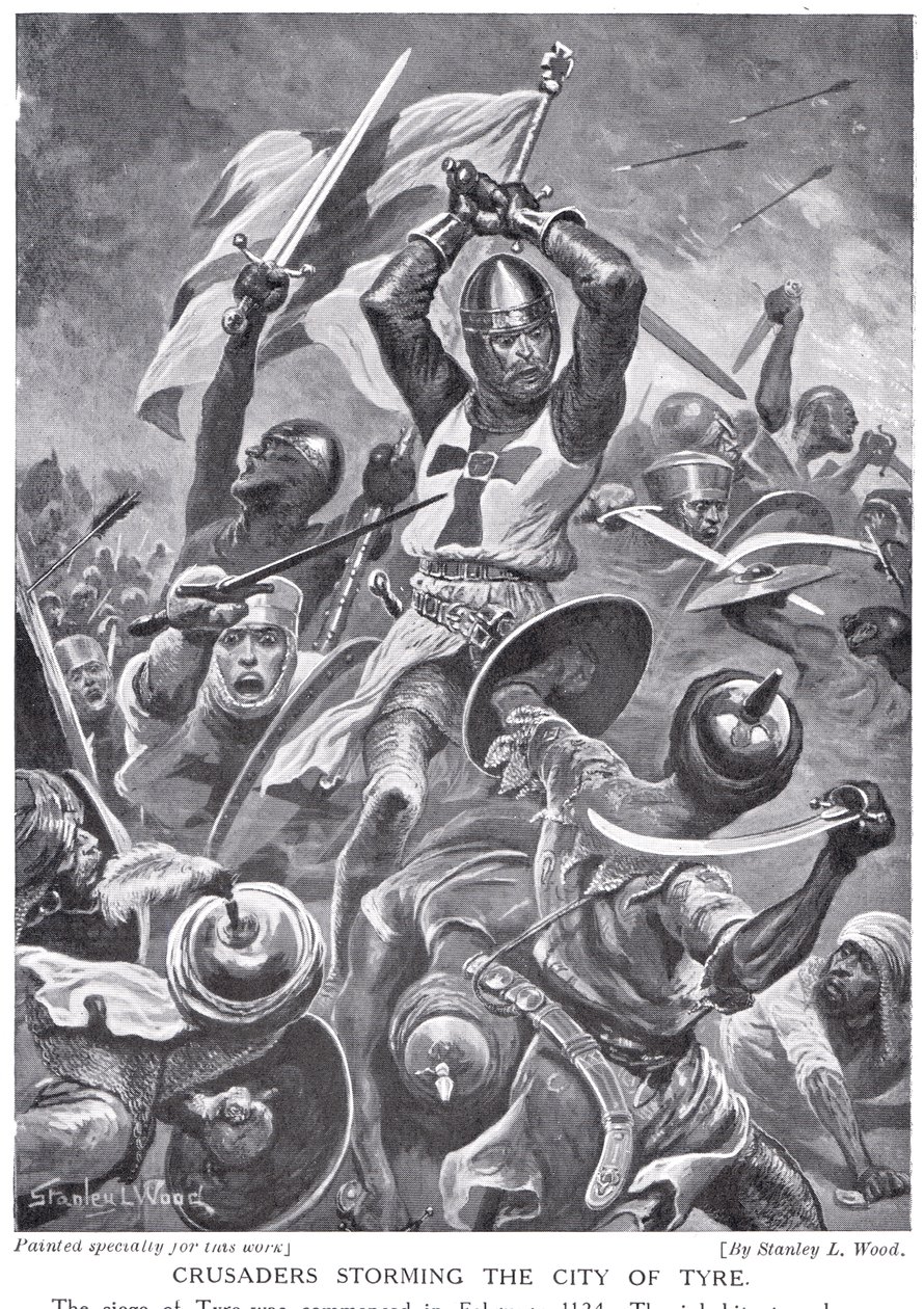 Crusaders Storming a cidade do pneu, ilustração de &39;História das Nações Hutchinson&39; de Stanley L. Wood