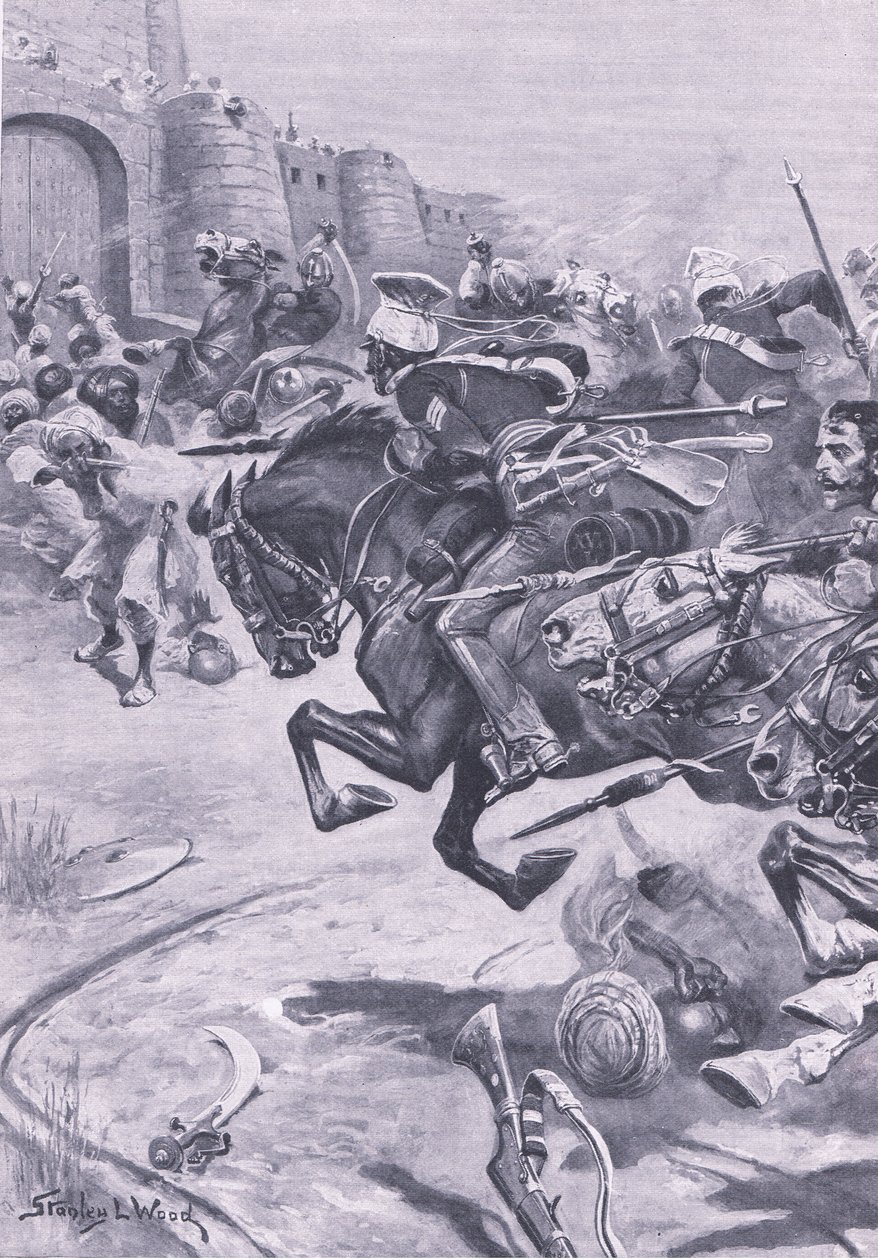 Os 16 Lancers e Skinners Horse dirigindo os Jats em Bharatpur; Dezembro de 1825, ilustração das Batalhas Britânicas na Terra e no Mar, 1915 de Stanley L. Wood