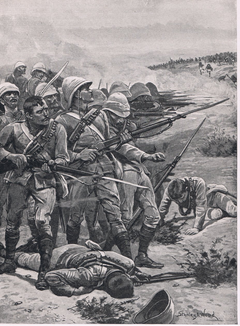 A, quadrado, em, ABU-Kru, 19 de janeiro, 1885, ilustração, de, britânico, batalhas, ligado, terra, e, mar, 1915 de Stanley L. Wood