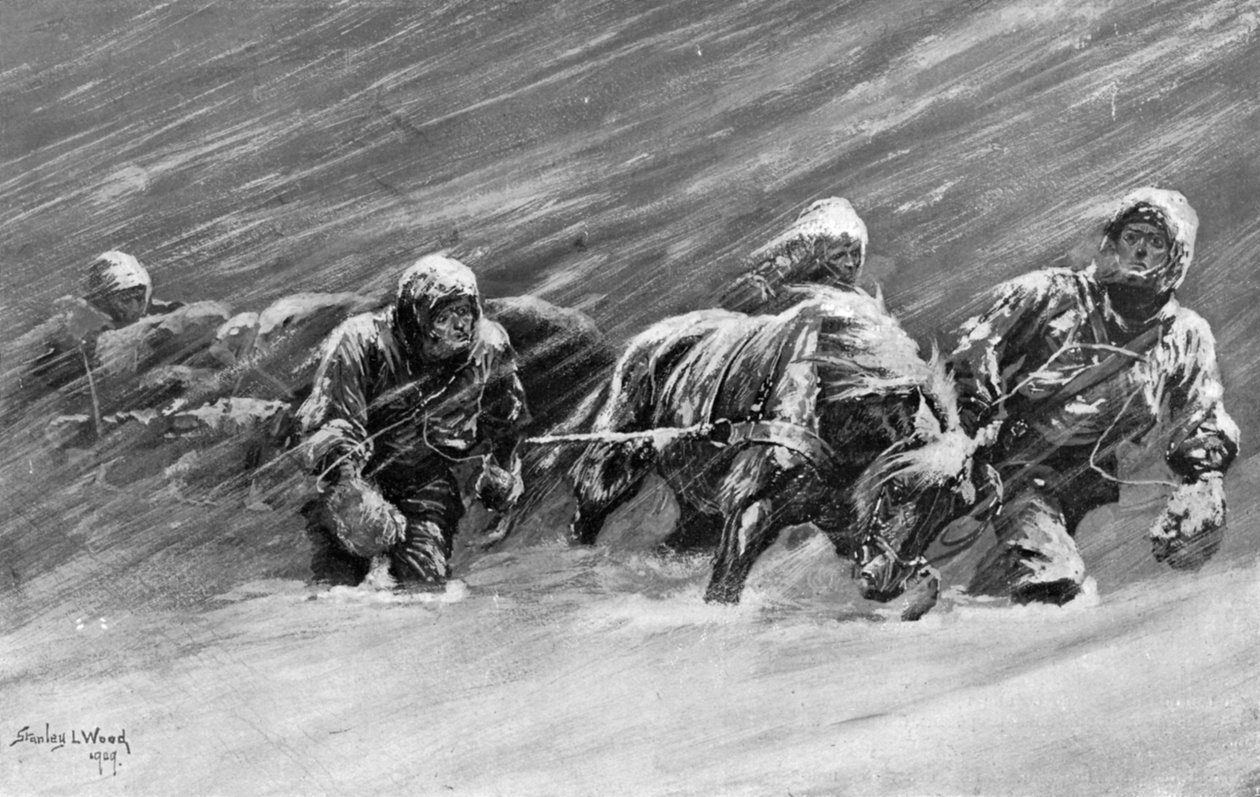 A caminhada durante a tempestade de neve, 1909 de Stanley L Wood