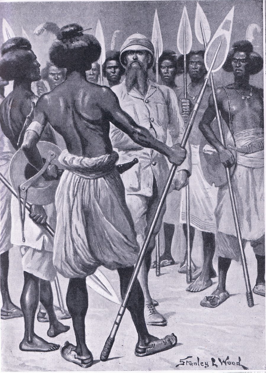 O tipo de guerreiro que Burton conheceu na Somalilândia, ilustração deCassels Romance of Famous Lives, c.1940 de Stanley L. Wood