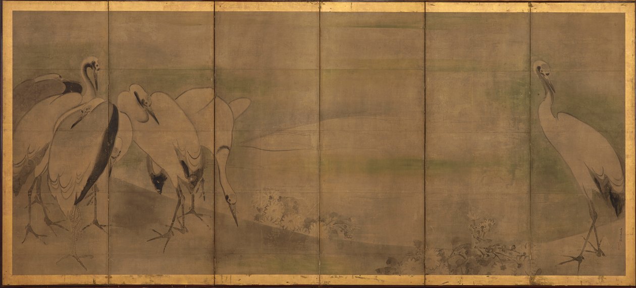 Guindastes e crisântemos, período Momoyama ou Edo, 1568-1 de Sôtatsu