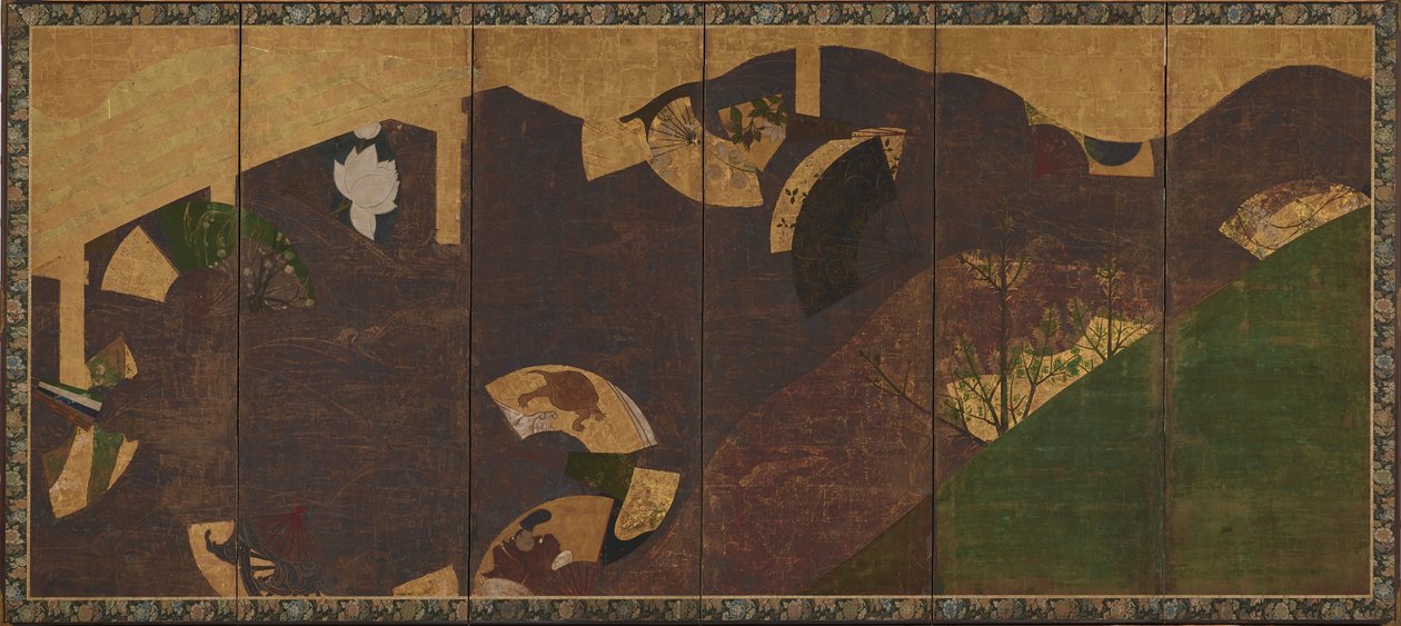 Vinhas de hera, pontes e leques flutuantes, período Momoyama ou Edo, início do século XVII. de Sôtatsu