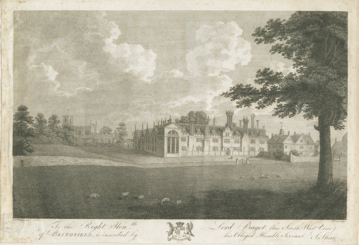 Blithfield Hall: gravura, séc. de Stebbing Shaw