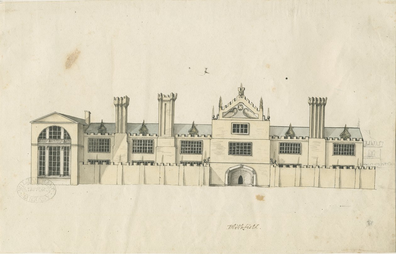 Blithfield Hall: desenho a caneta colorida, sd [18º cent] (desenho) de Stebbing Shaw