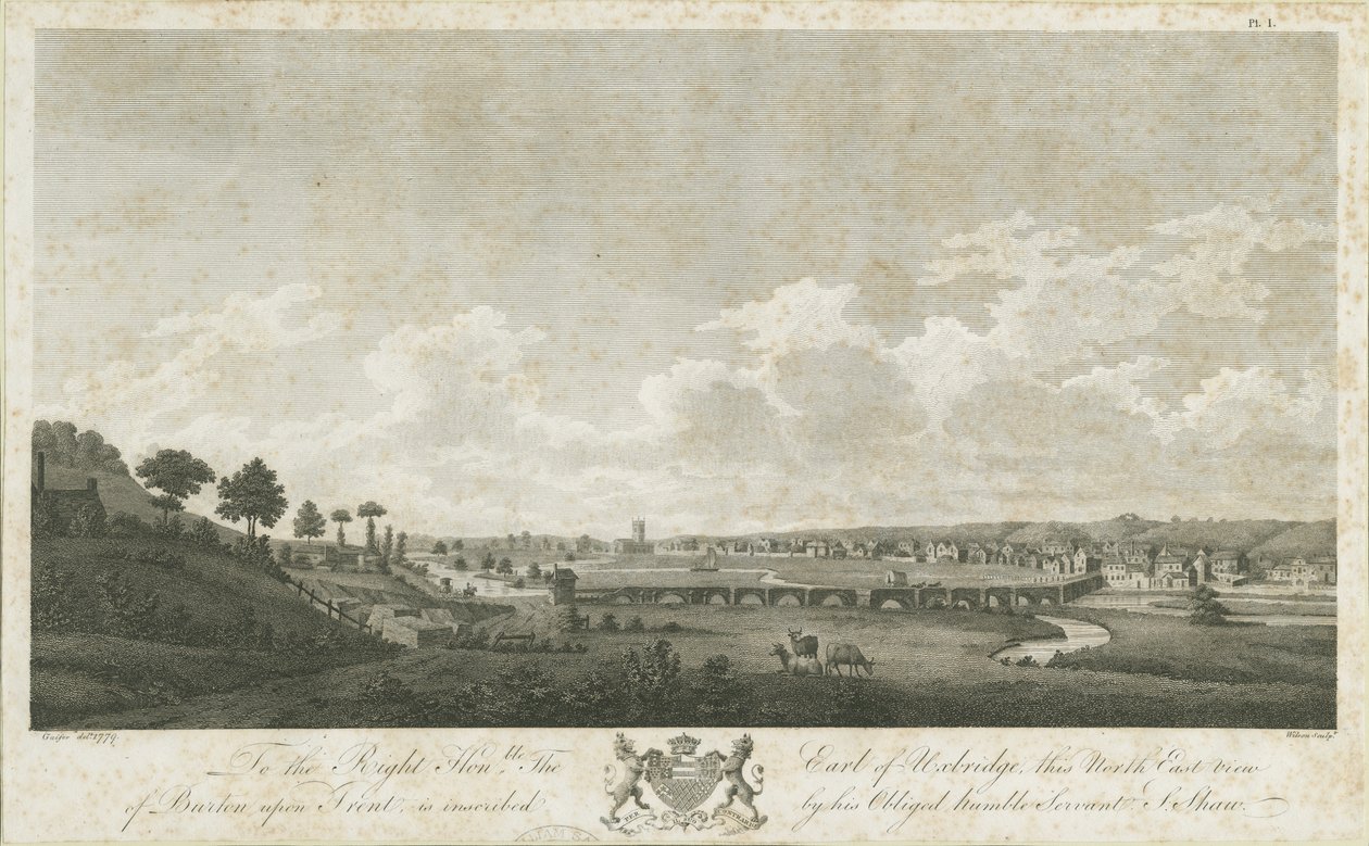 Ponte e cidade de Burton-upon-Trent: gravura, 1779 de Stebbing Shaw