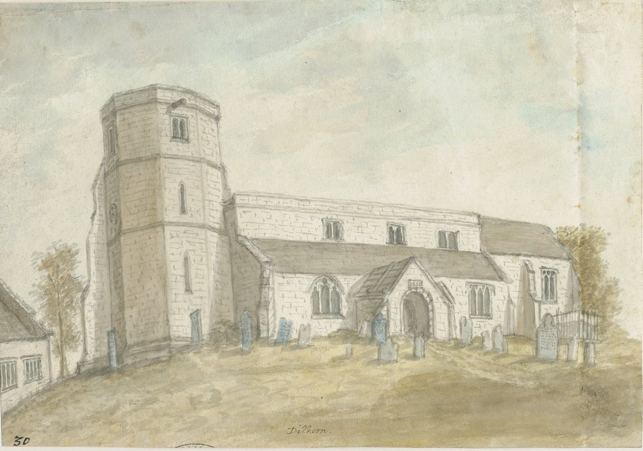 Igreja de Dilhorne: pintura em aquarela, sd [1762-1802] (pintura) de Stebbing Shaw