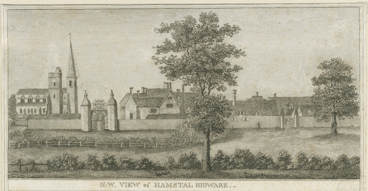 Hamstall Ridware - Igreja e casa senhorial: gravura, nd [1762-1802] (impressão) de Stebbing Shaw