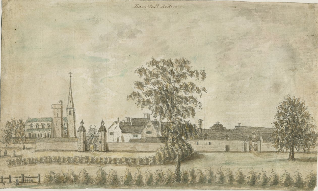 Hamstall Ridware - Igreja e Solar: pintura a aquarela, nd [1762-1802] de Stebbing Shaw