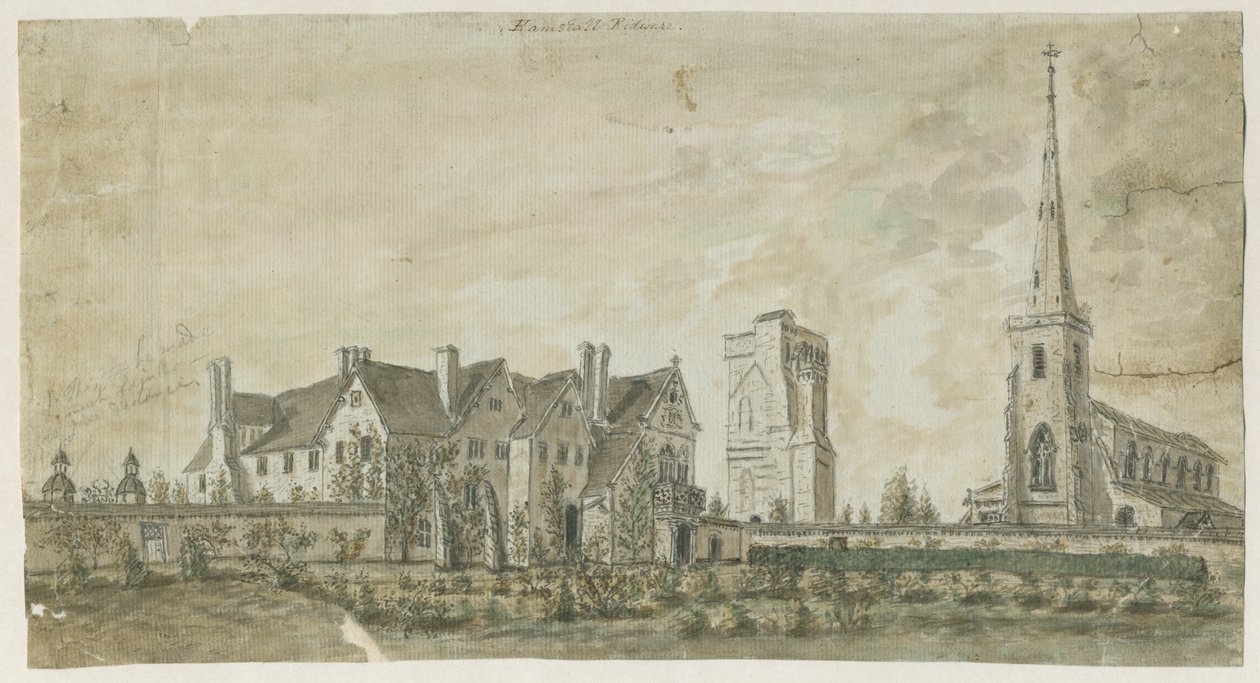 Hamstall Ridware - Igreja e Solar: pintura a aquarela, nd [1762-1802] de Stebbing Shaw