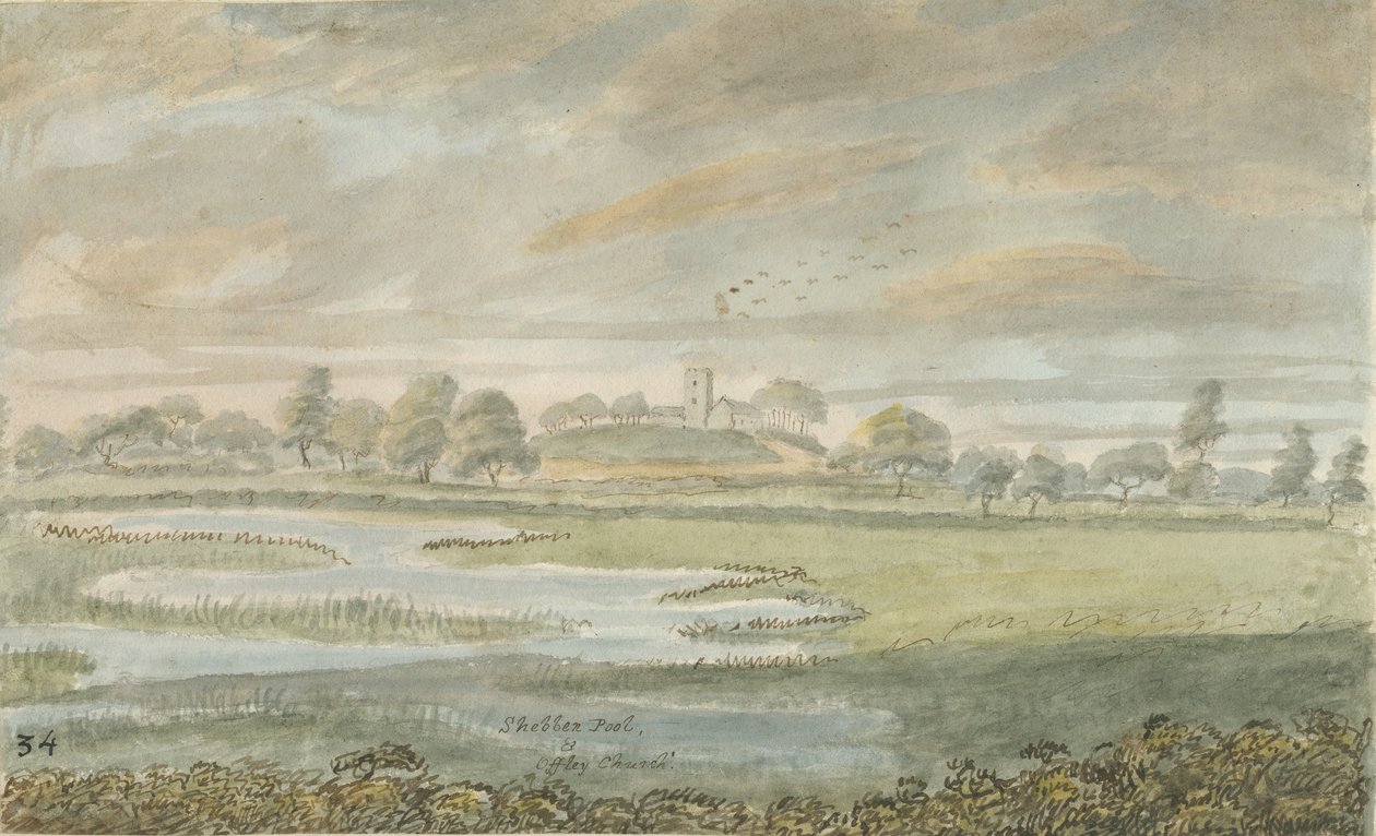 Igreja High Offley: pintura em aquarela, nd [1762-1802] de Stebbing Shaw