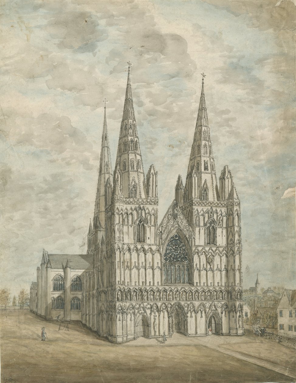 Lichfield Cathderal - West Front: pintura a aquarela, nd [1762-1802] de Stebbing Shaw