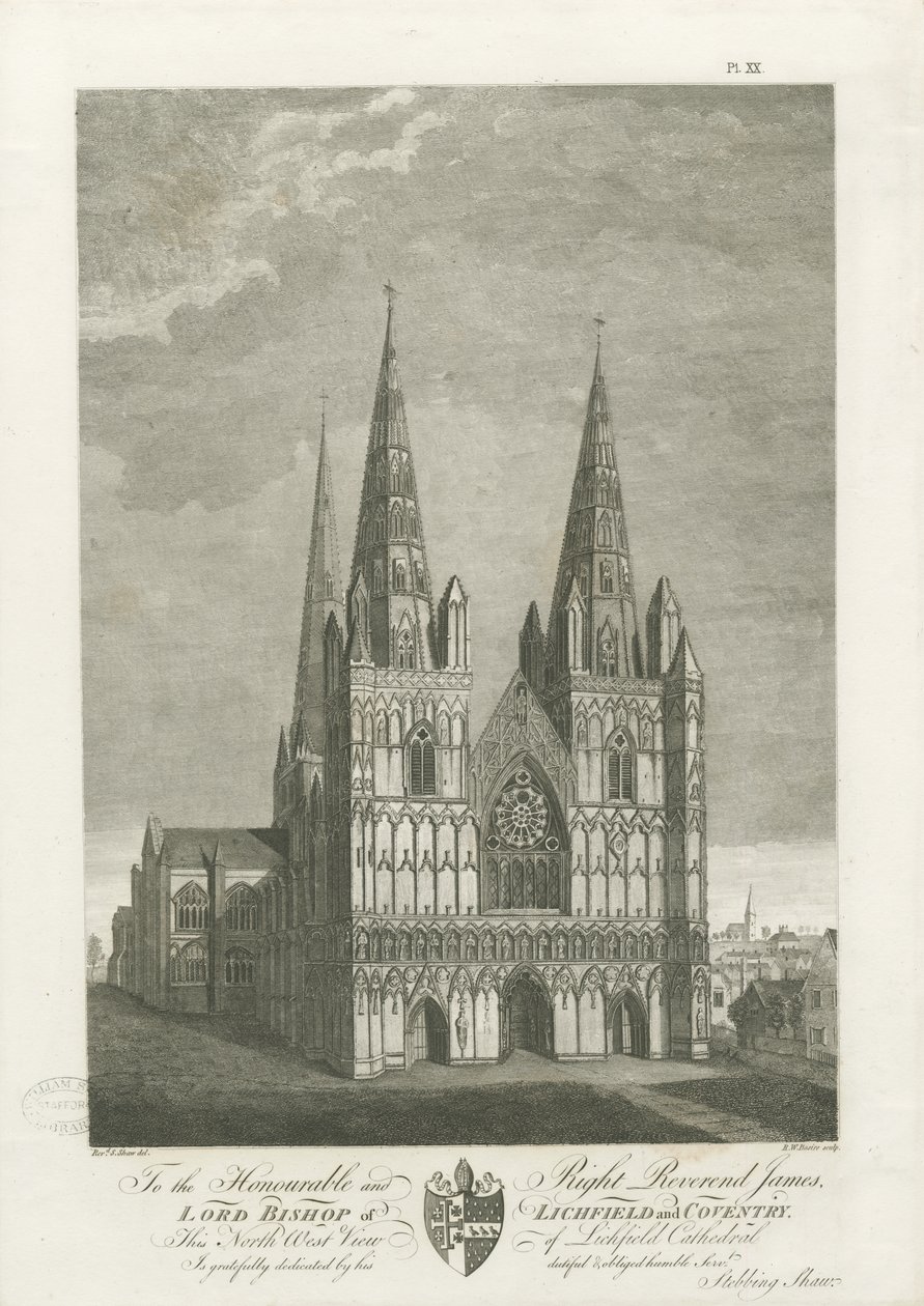 Catedral de Lichfield - Frente Oeste: gravura, nd [1762-1802] (impressão) de Stebbing Shaw