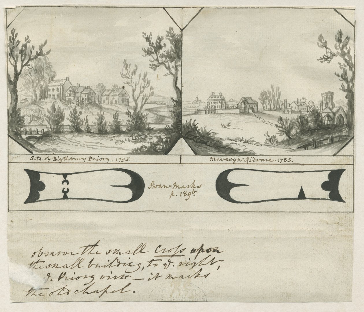 Mavesyn Ridware - Local de Blythbury Priory: desenho em tinta indiana, 1795 de Stebbing Shaw