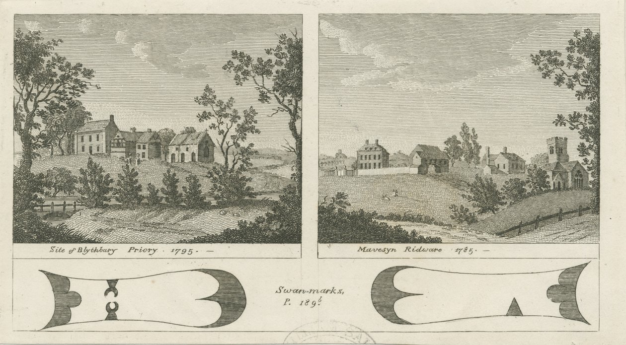 Mavesyn Ridware Hall - Gatehouse: gravura, 1785 de Stebbing Shaw