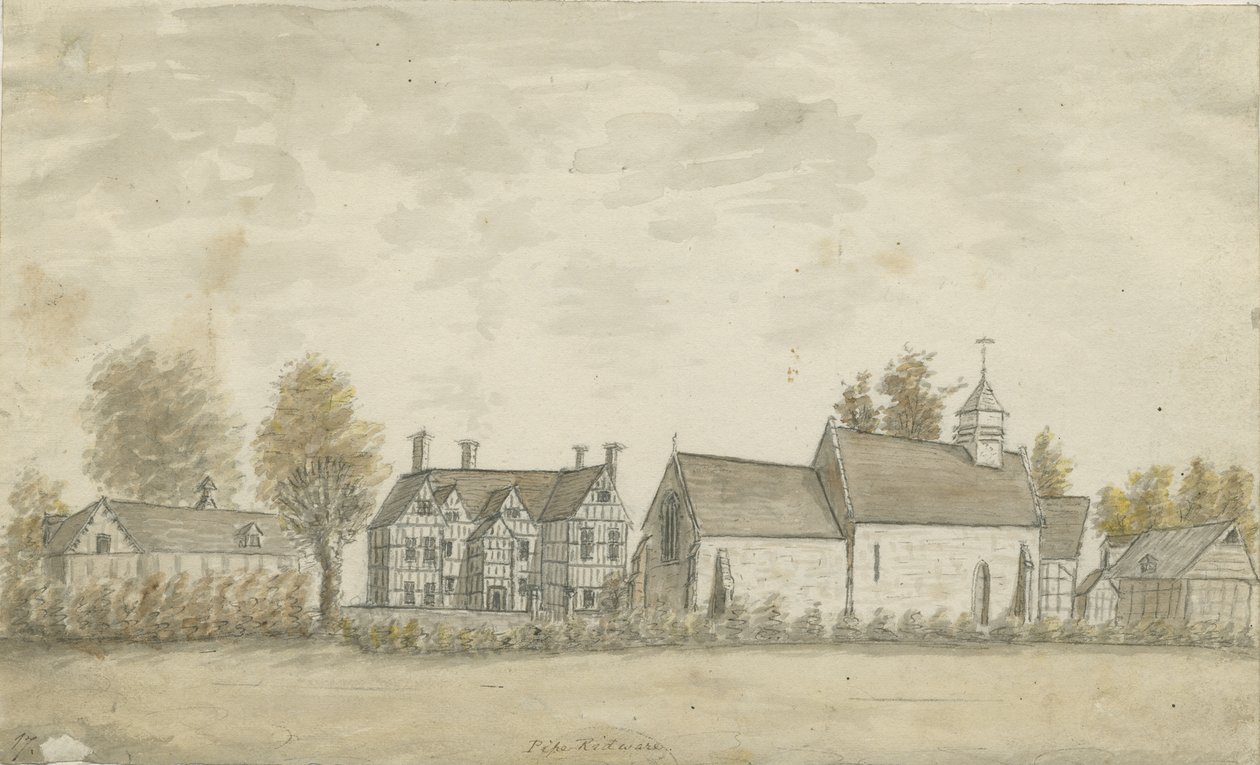 Pipe Ridware Church and Manor House: pintura a aquarela, nd [1762-1798] de Stebbing Shaw