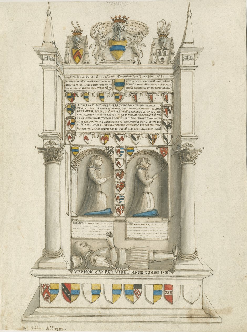 Igreja Sandon - Tumba de Sampson Erdeswicke: desenho em sépia de Stebbing Shaw