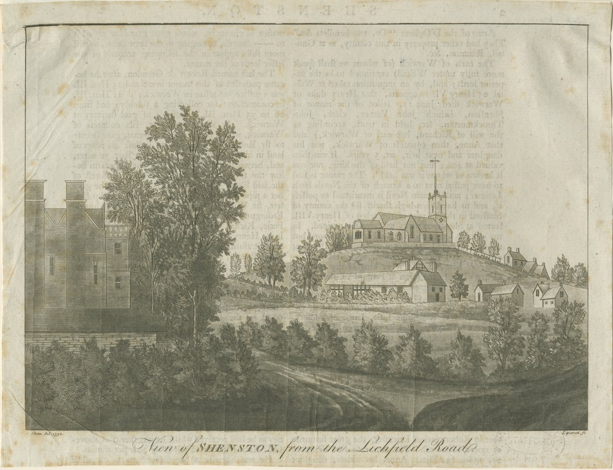 Igreja e vila de Shenstone: gravura em água-tinta, 1792 de Stebbing Shaw