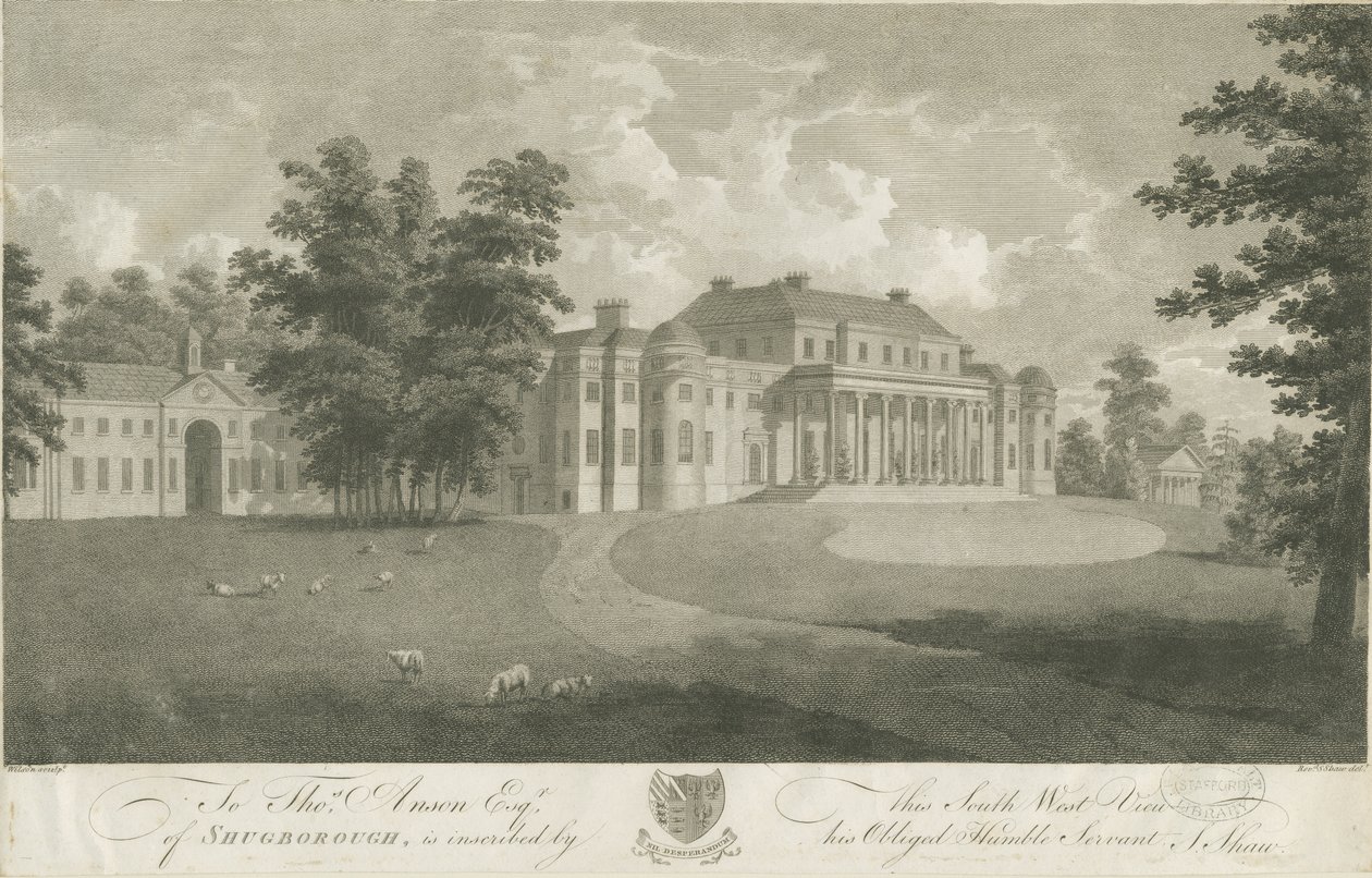 Shugborough Hall: gravura, nd [c 1800] de Stebbing Shaw