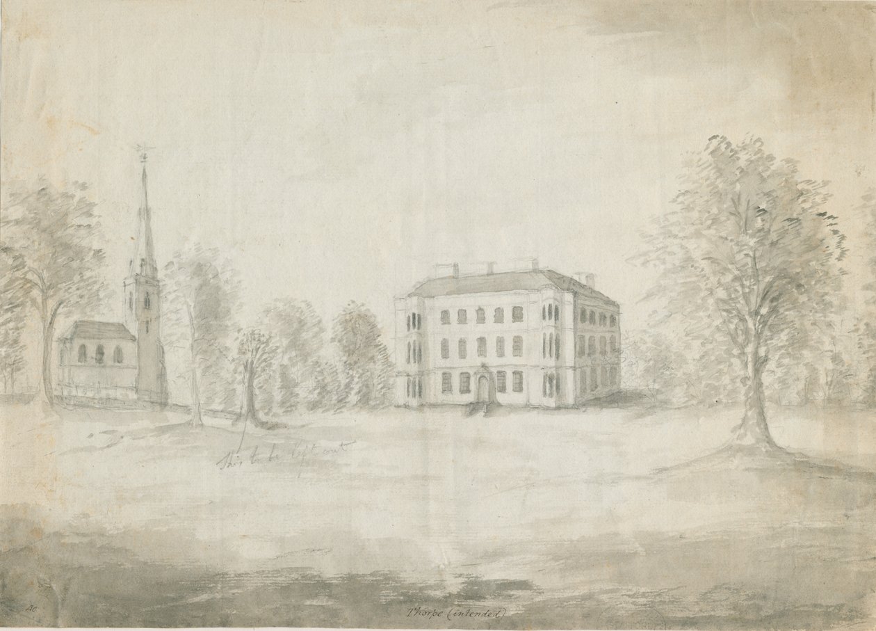 Igreja e Salão Thorpe Constantine: desenho a lápis e lavagem, nd [1762-1802] de Stebbing Shaw