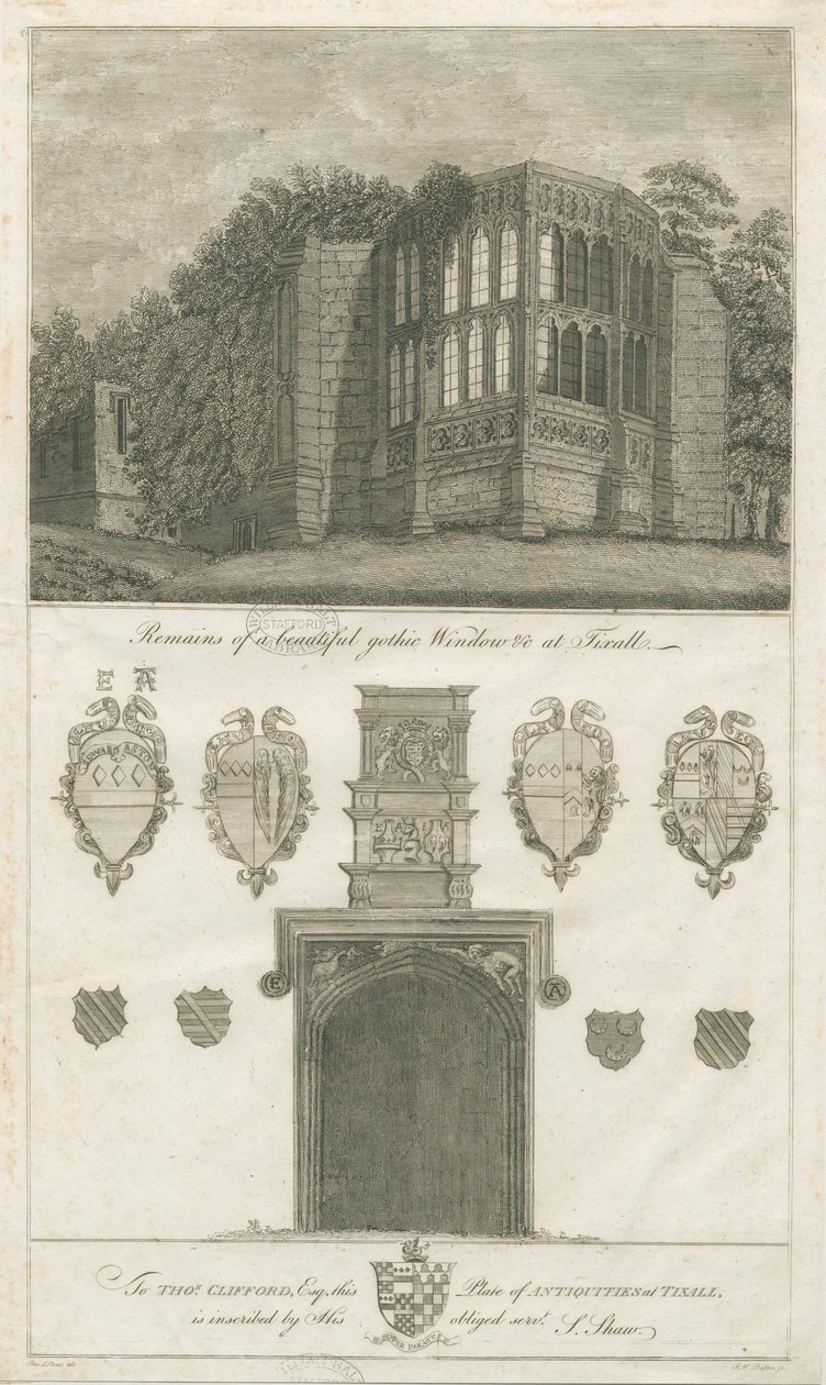 Tixall Hall - janela gótica e antiguidades heráldicas: gravura, nd [1762-1802] (impressão) de Stebbing Shaw