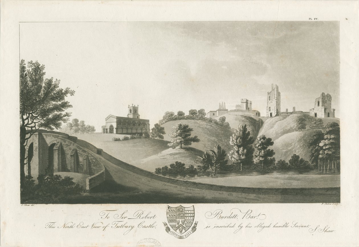 Castelo de Tutbury - Vista Nordeste: gravura em aquatinta, sd [c 1798] (impressão) de Stebbing Shaw